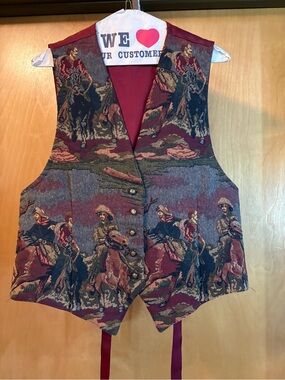 Vintage Roughrider Tapestry Western Cowboy Scene Vest - Burgundy, Navy, Tan; L